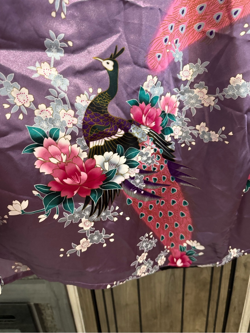 EUC Purple Floral Satin Kimono Robe with Peacocks and Flowers - Picture 7 of 9
